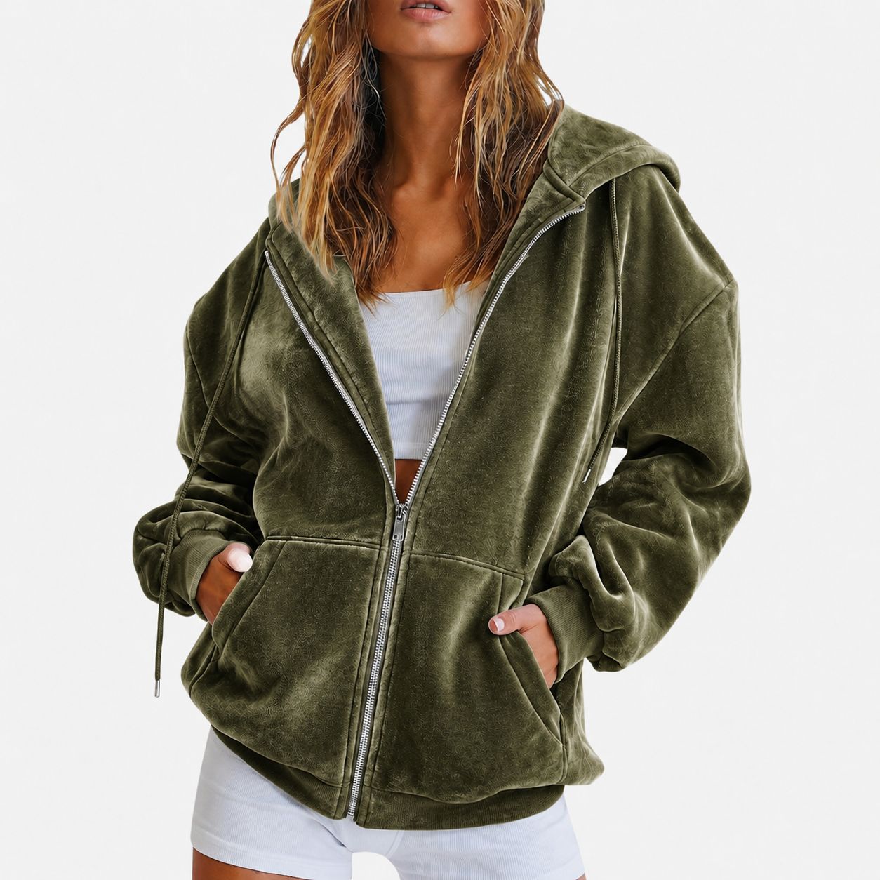 Velvet Zip-Up Hoodie Loose Fit Casual Jacket