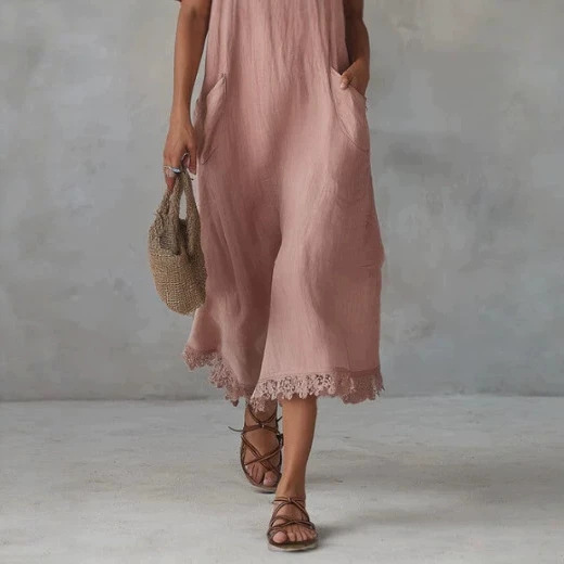 Casual Vintage Lace-Trim Pink Hooded Midi Shirt Dress