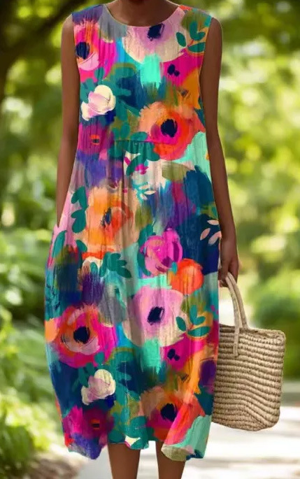 Floral Print Sleeveless Round Neck Loose Midi Dress
