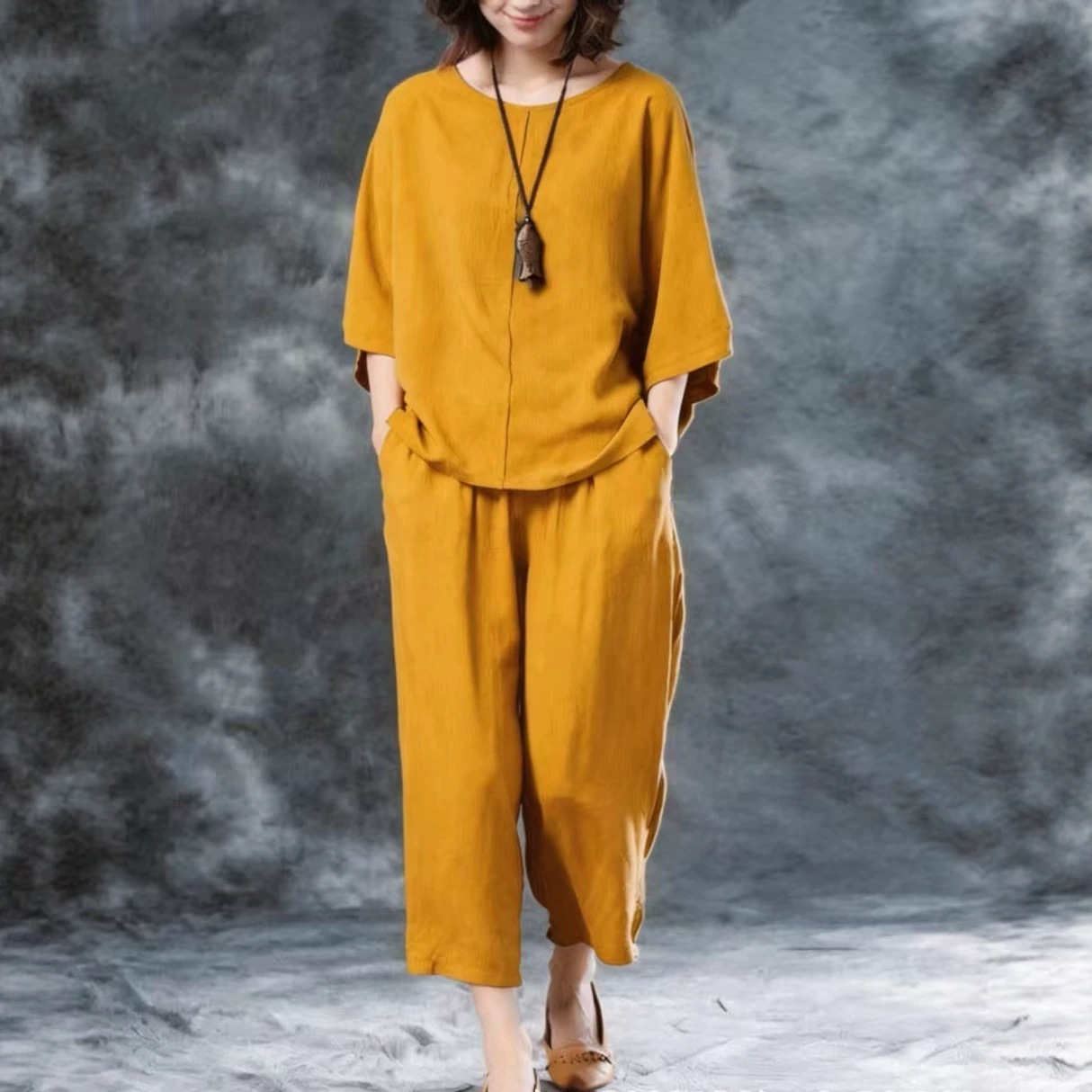 Women's Solid Color Short Sleeve Tee and Wide Leg Pants Set Plus Size