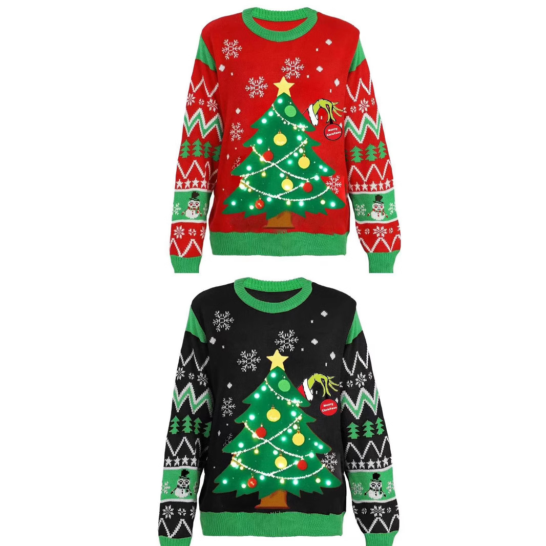 Christmas Couple Long Sleeve Jacquard Sweater with Christmas Tree and Light Bulb Crewneck Pullover