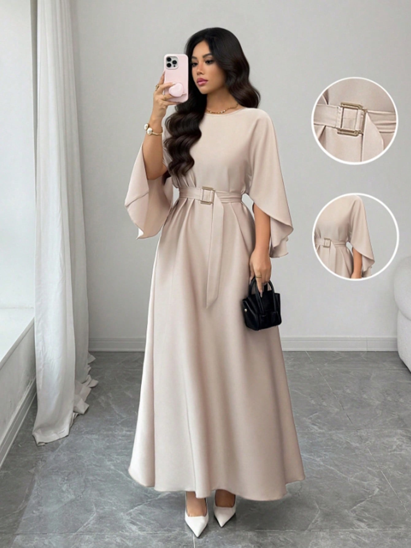 Women's Round Neck Tie-Waist Long Dress with Batwing Sleeves Solid Color