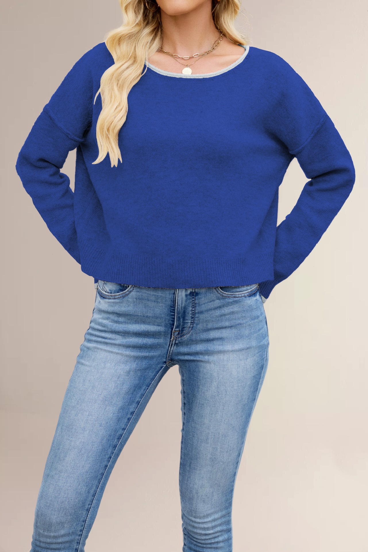 Women's Color-Block Crewneck Knit Sweater Loose Pullover