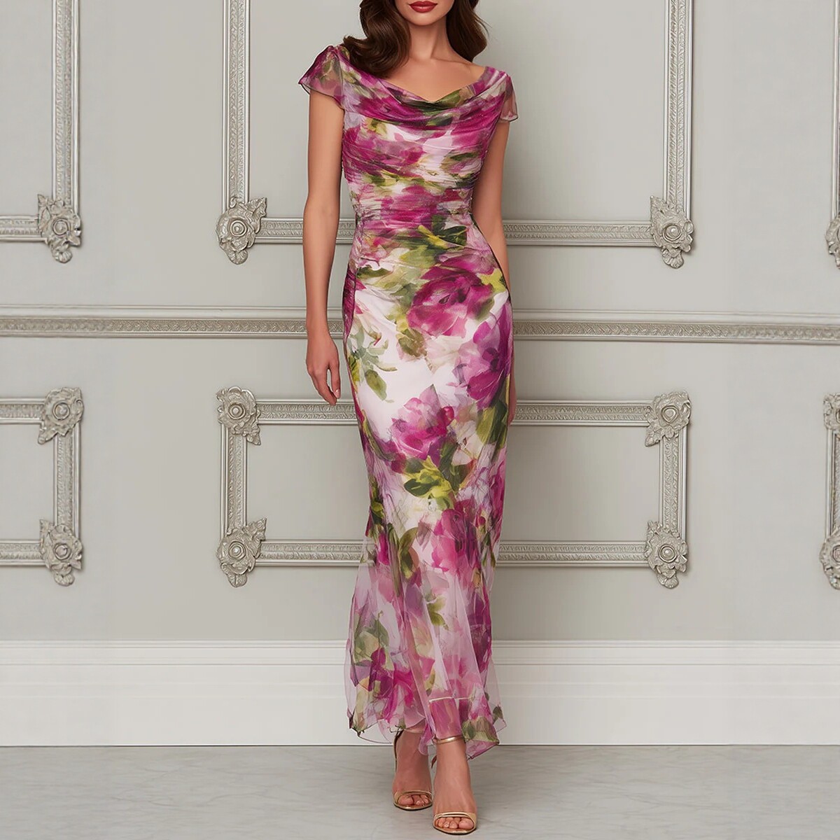 Women's Vacation Draped Cowl Neck Sleeveless Mermaid Maxi Dress Floral Print