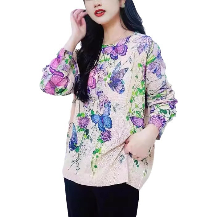 Elegant Butterfly Print Knit Pullover Sweater Long Sleeve Crew Neck Color Block