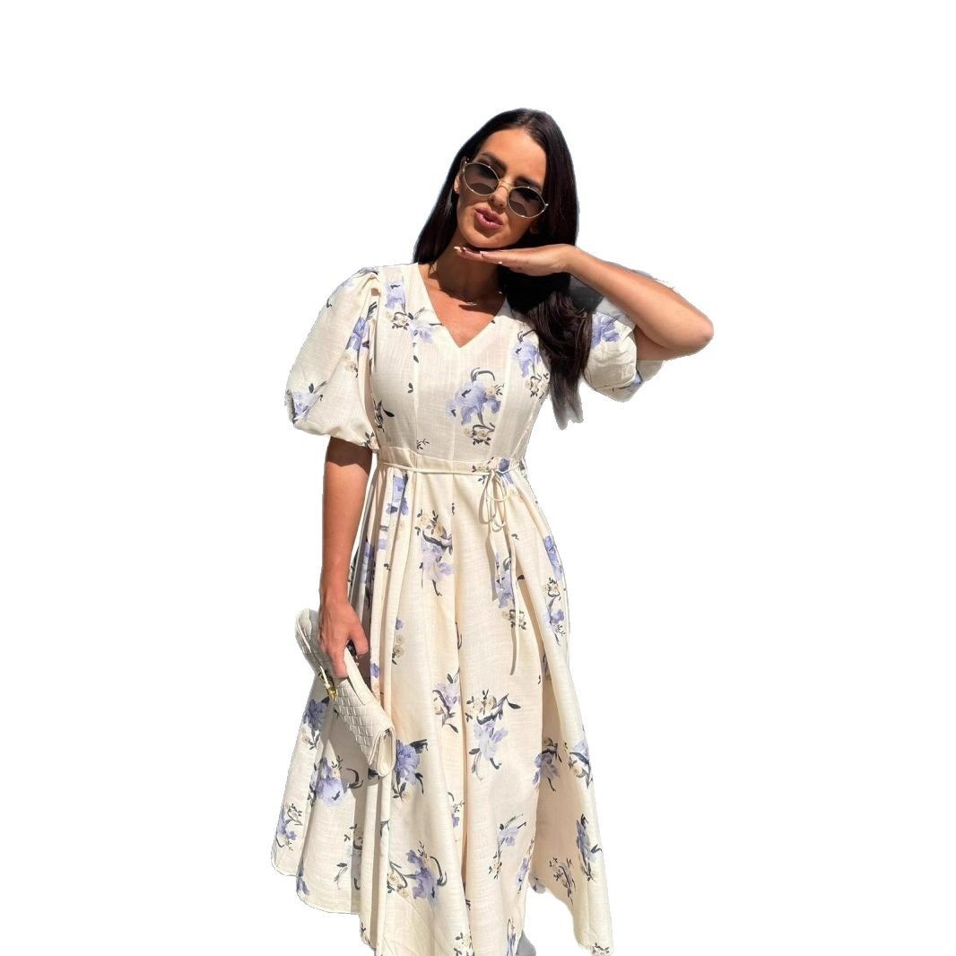 Women's Summer V-Neck Short Sleeve Floral Print Tie-Waist Maxi Dress
