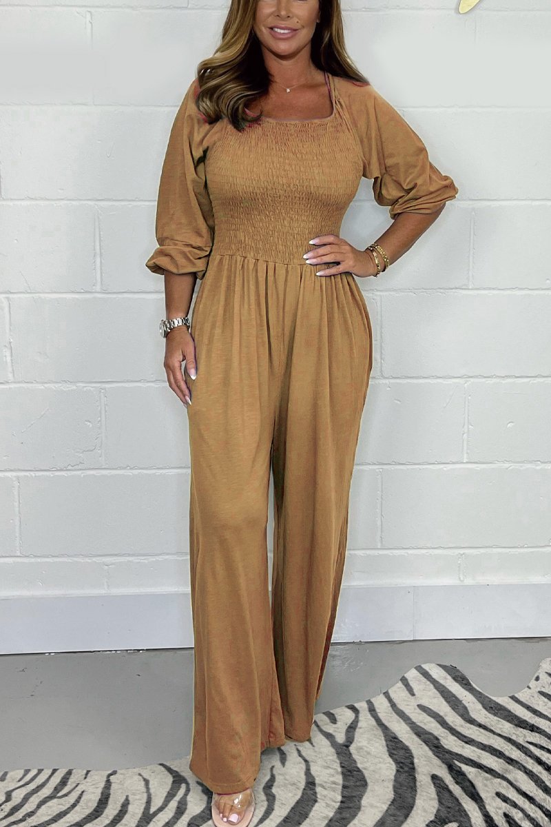 Women's Summer Casual Solid Smocked Jumpsuit with Flared Sleeves