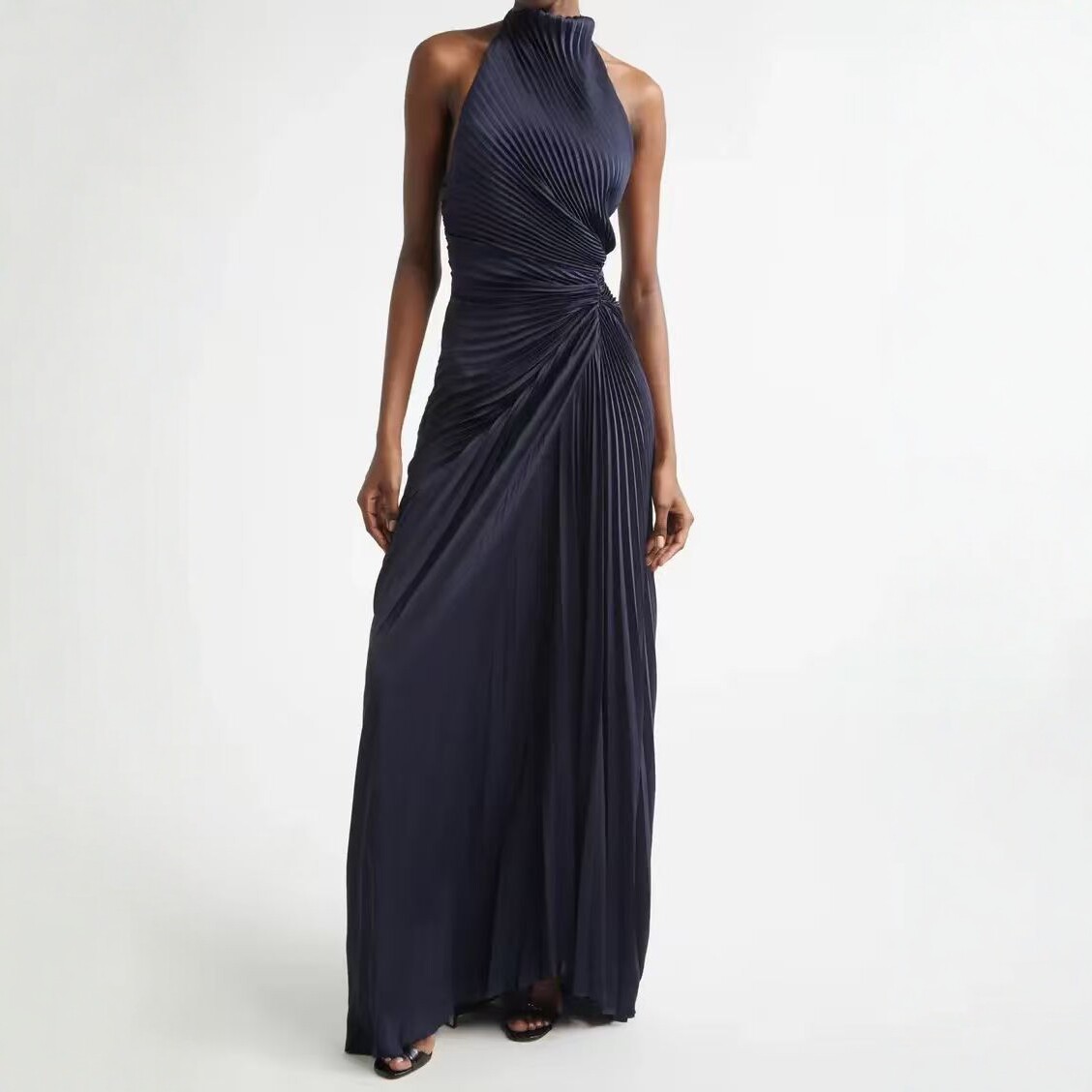 Navy Stand-Collar Halter Pleated Long Dress with Twist-Front Waist