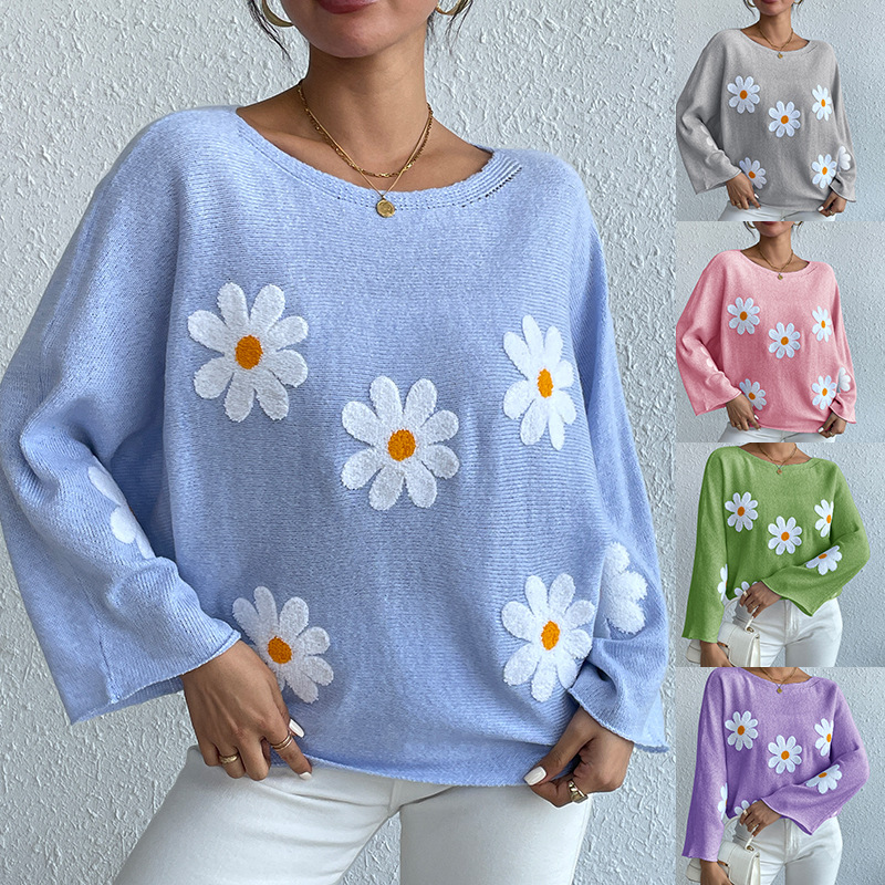 Sweet Floral Embroidered Off-Shoulder Loose Knit Sweater