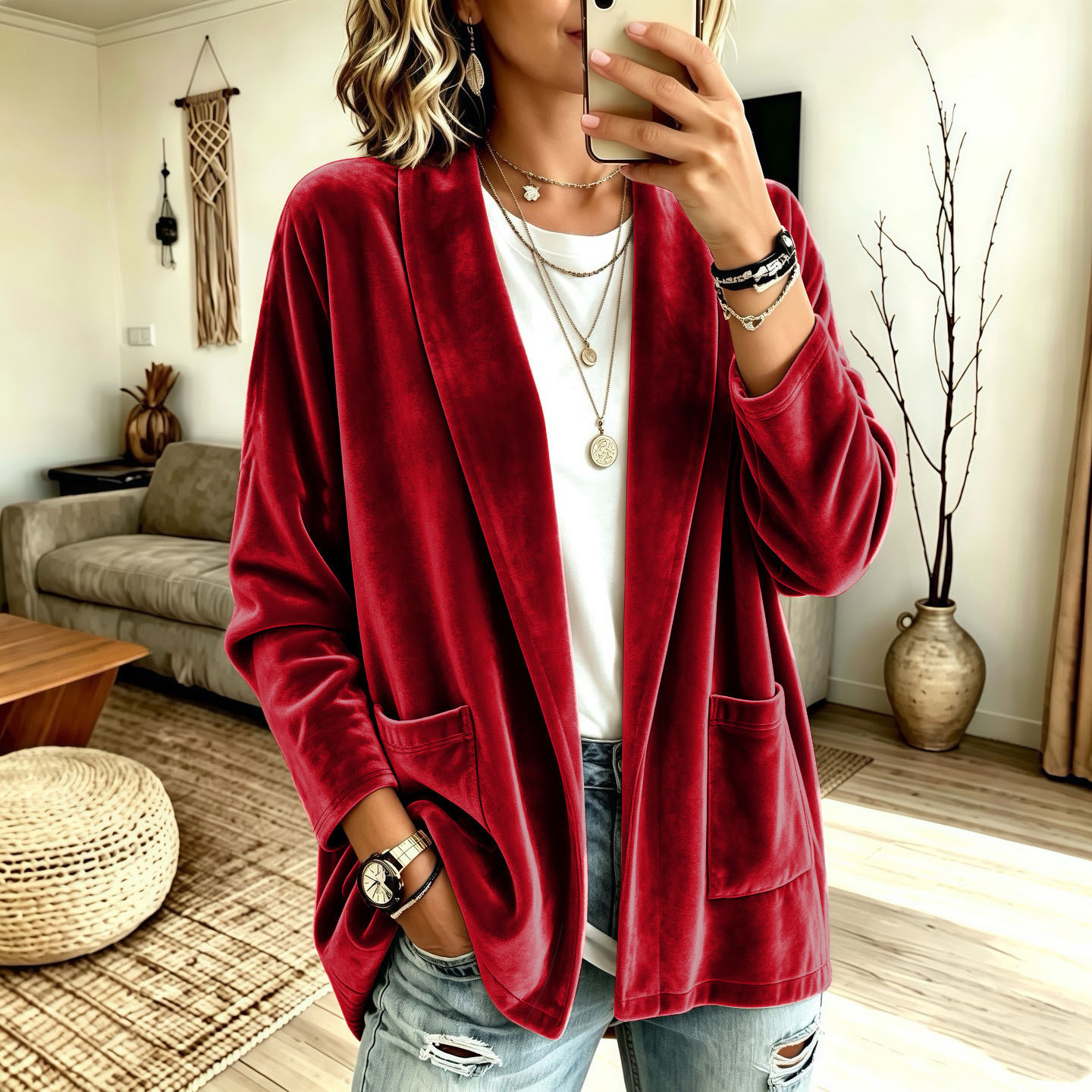 Women's Velvet Long Sleeve Open Front Cardigan Jacket