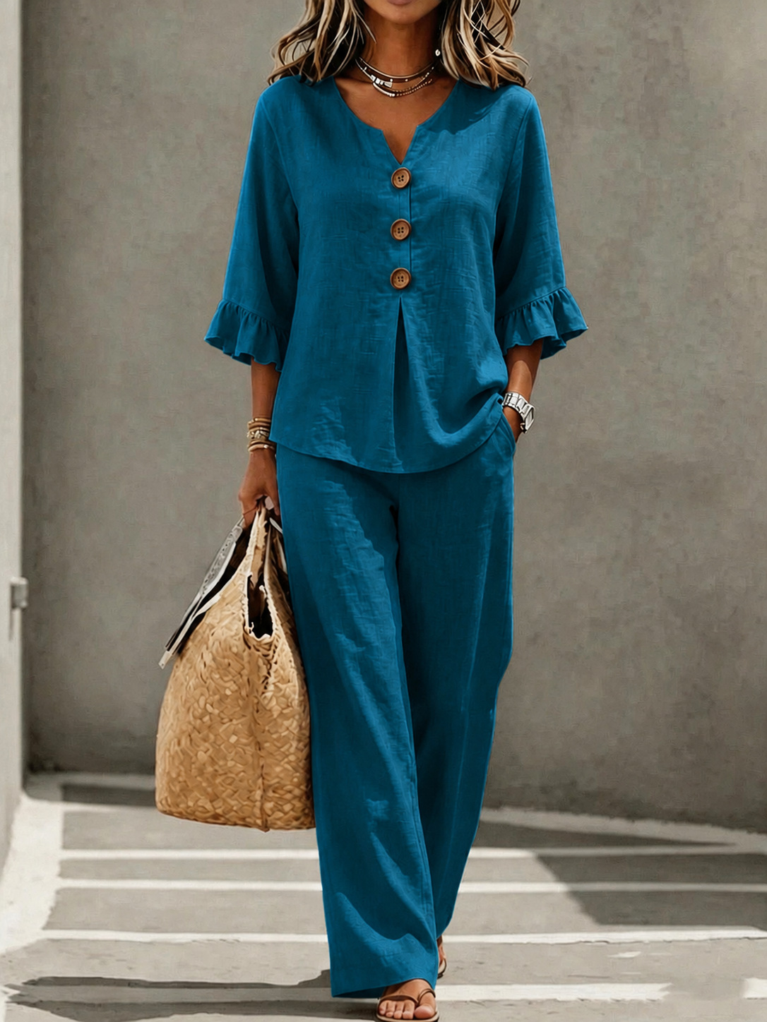 Women's Casual Button V-Neck Ruffle 3/4 Sleeve Top and Pants Two-Piece Set