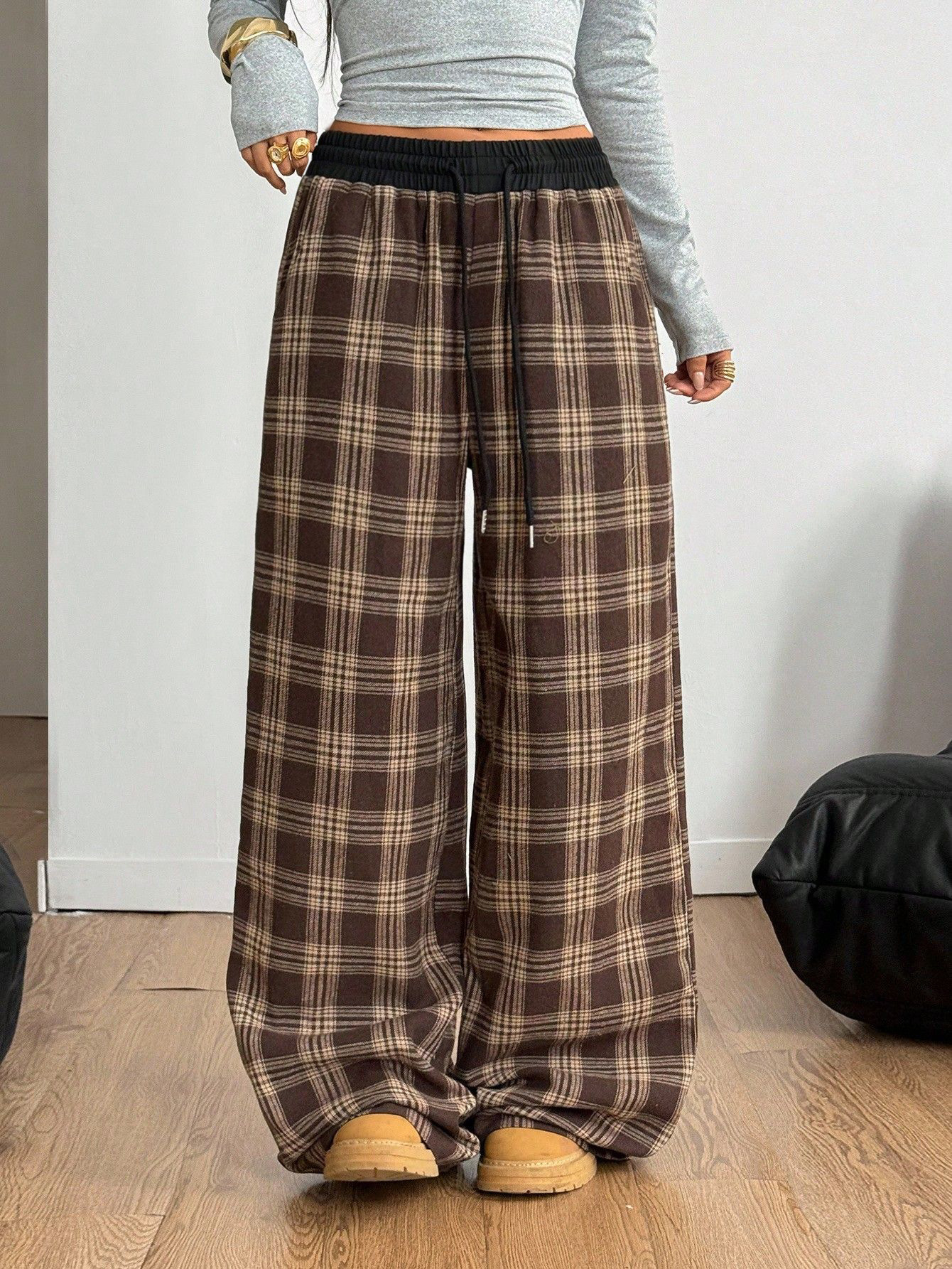 Retro Plaid Drawstring Wide-Leg Pants