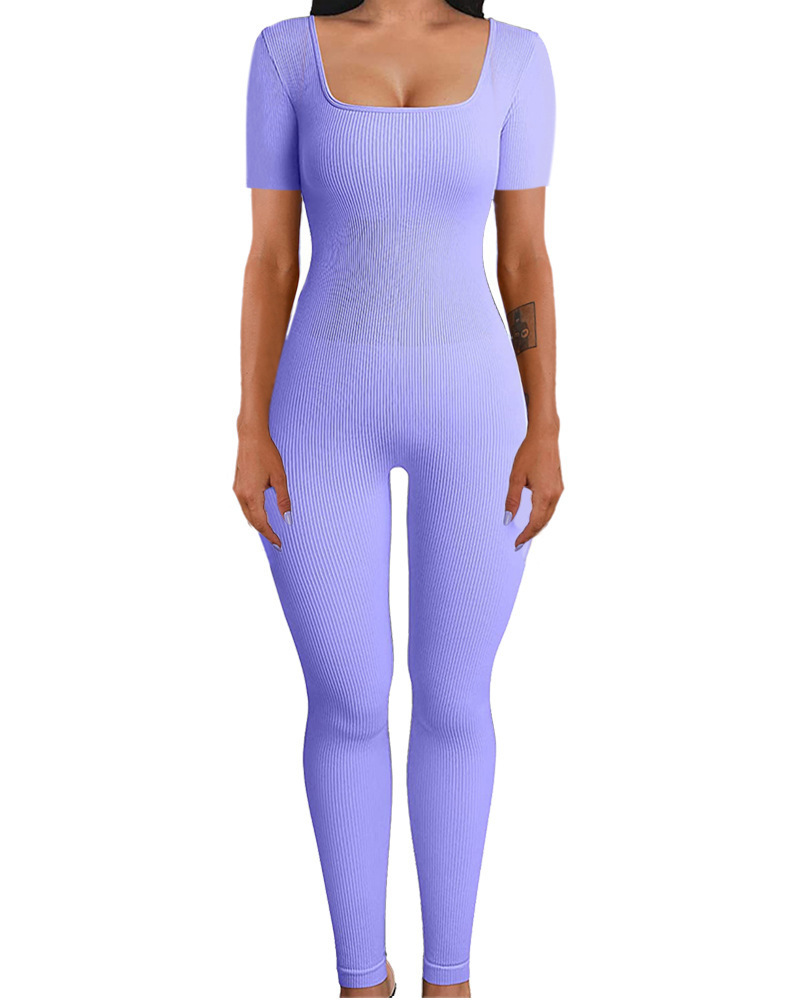 Ribbed Square Neck Butt-Lifting Slim Fit Yoga Jumpsuit for Women