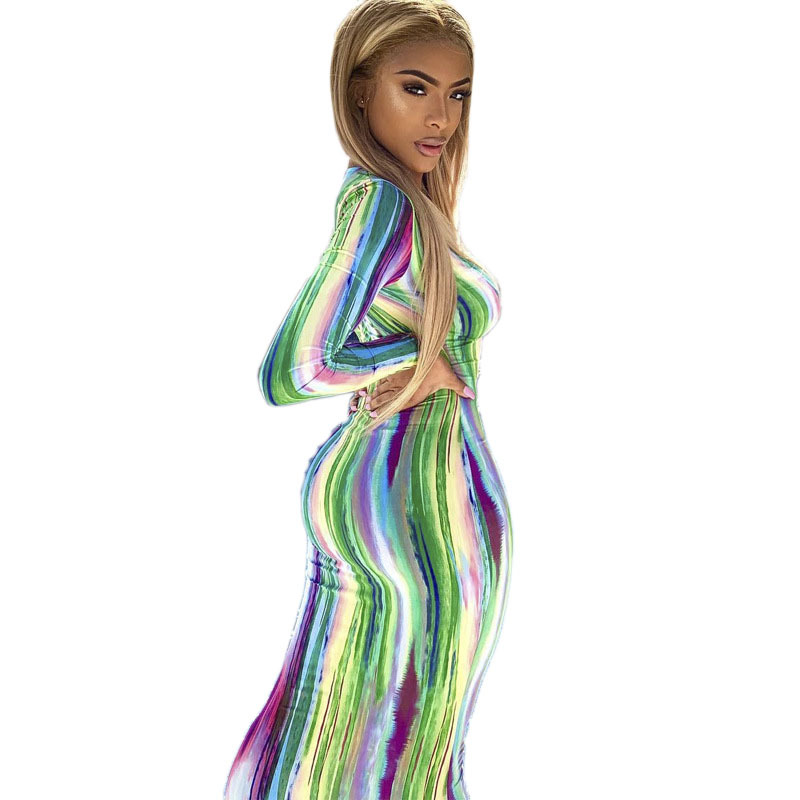 Women's Printed Long Sleeve Bodycon Dress V-Neck