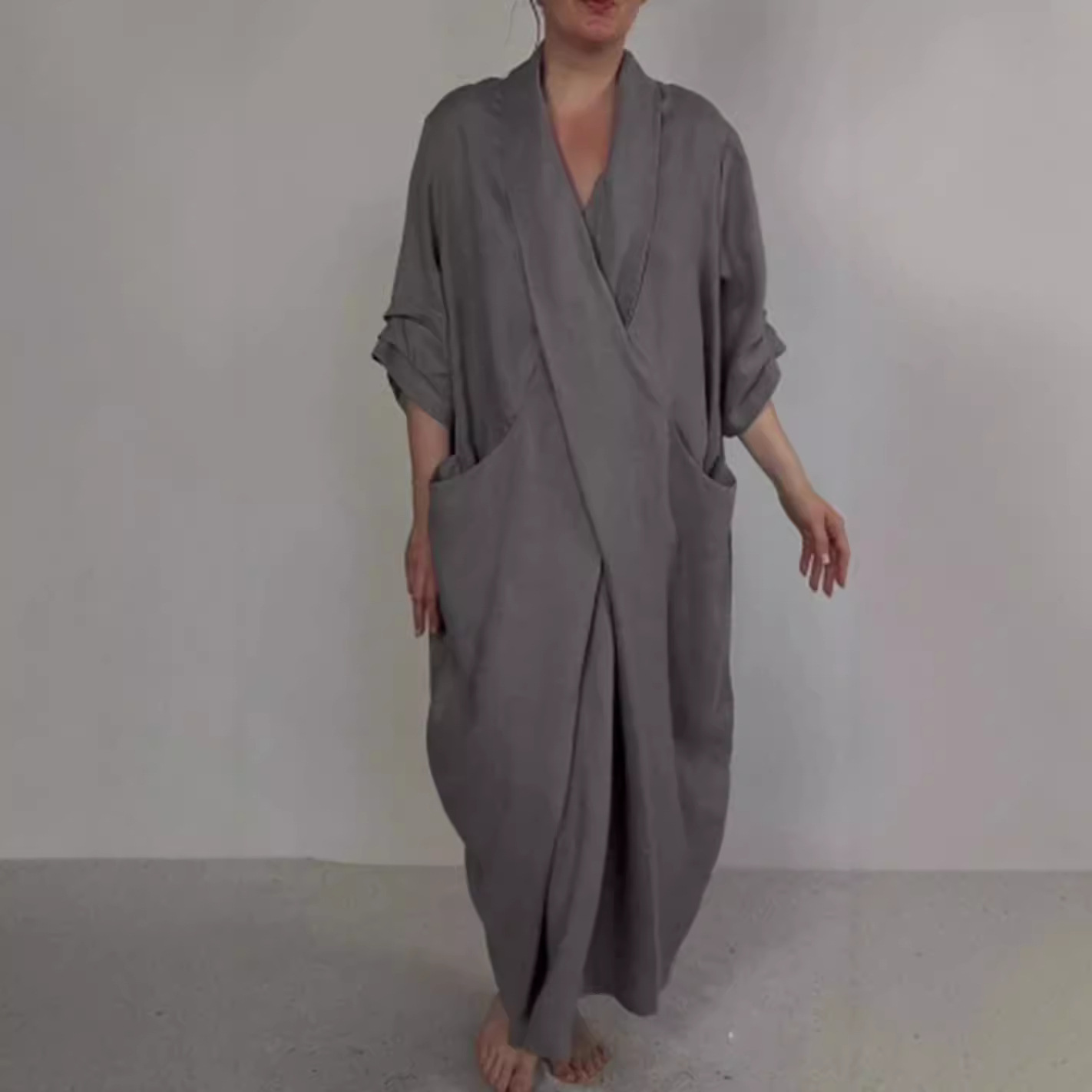 Women's V-Neck Split Hem Casual Dress Solid Color Loose Fit Long Dress