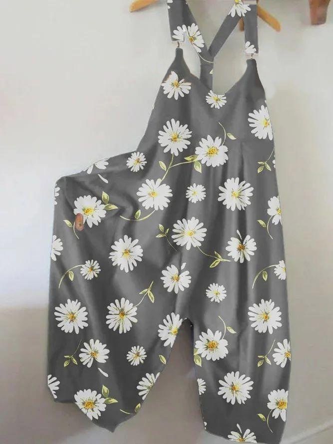 Floral Print Loose Casual Button Strap Jumpsuit Summer Women's