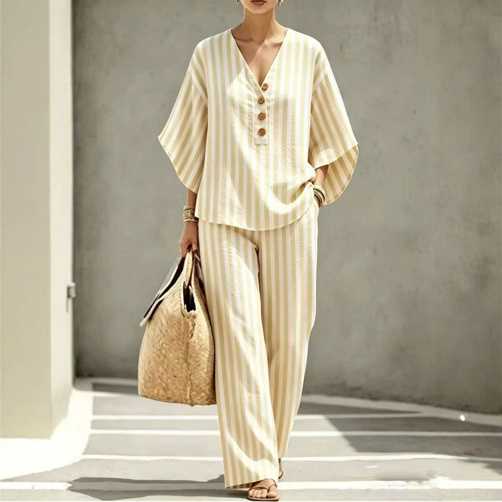 Women's Striped Print Three-Button Pant Set with Mid-Sleeve Top