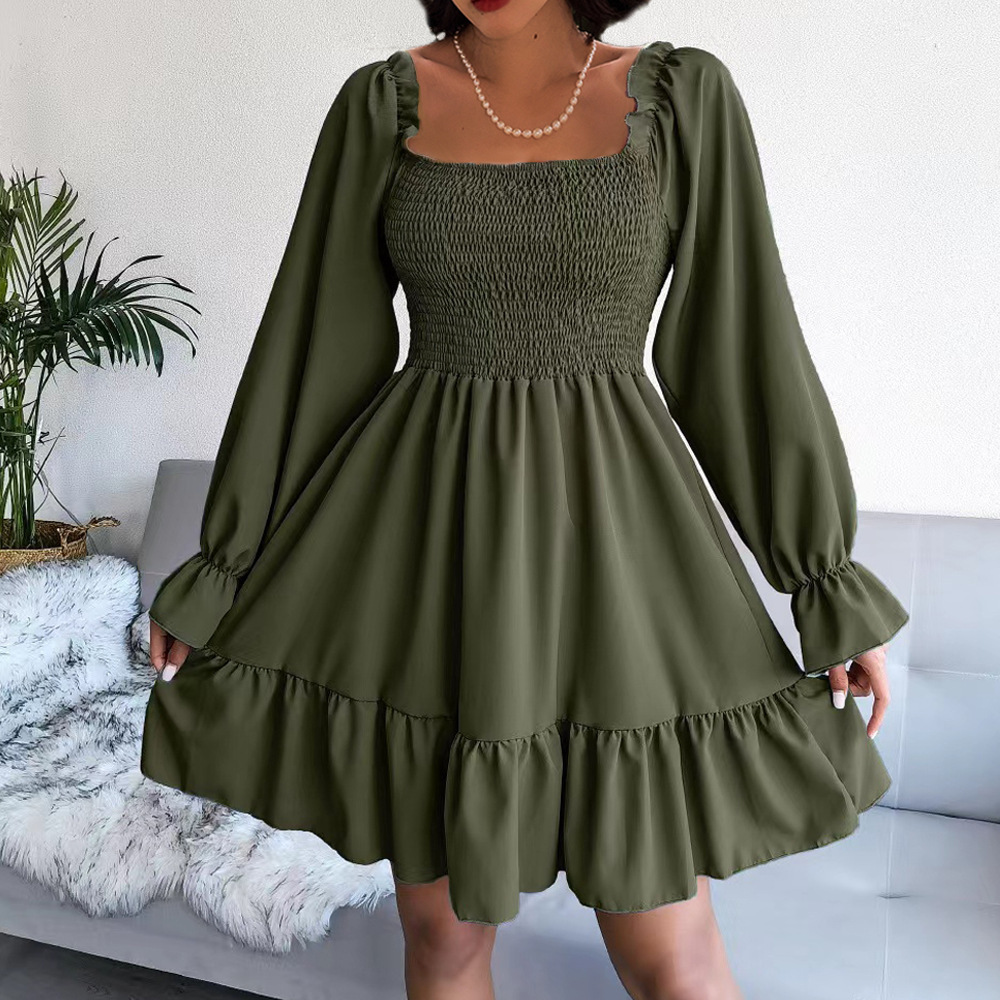 Square Neck Bell Sleeve Ruffle A-Line Midi Dress