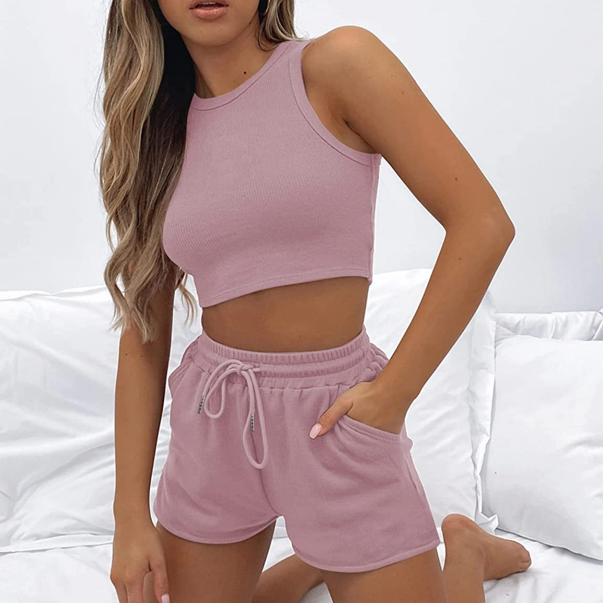 Women's Sleeveless Waffle Knit Two-Piece Set Solid Color Tank and Shorts