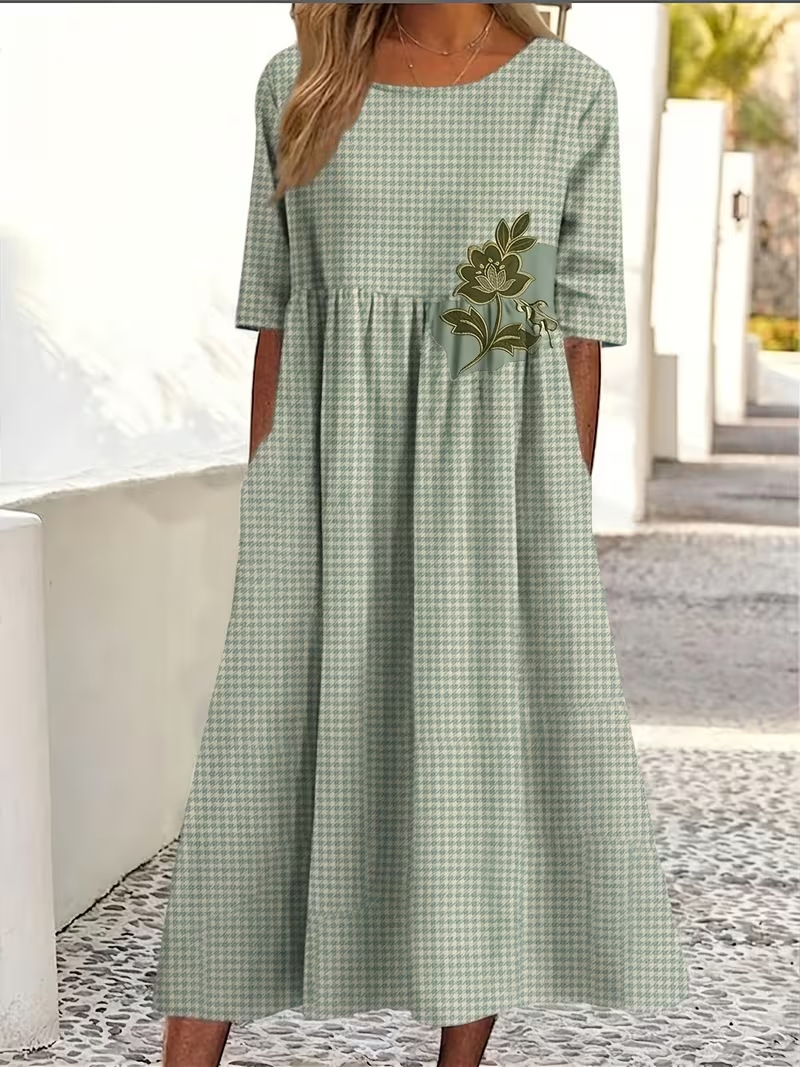 Women's Floral Print Ruched Midi Dress Round Neck Five-Sleeve Slim Fit