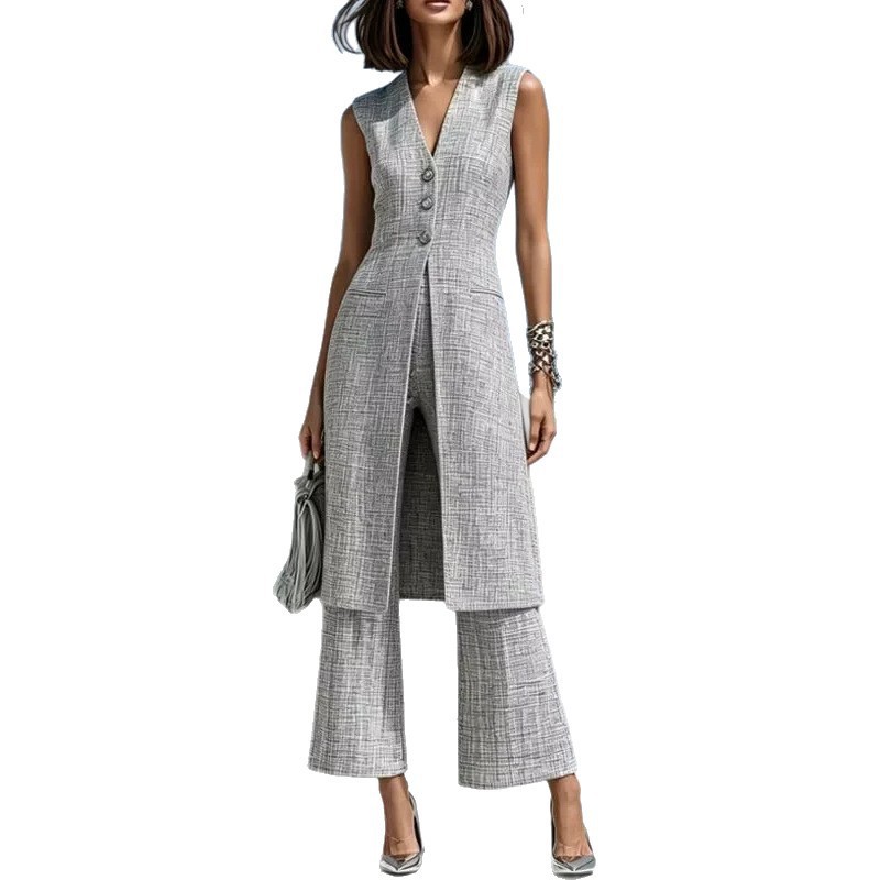 Elegant Gray Long Vest and Pants Two-Piece Suit Set