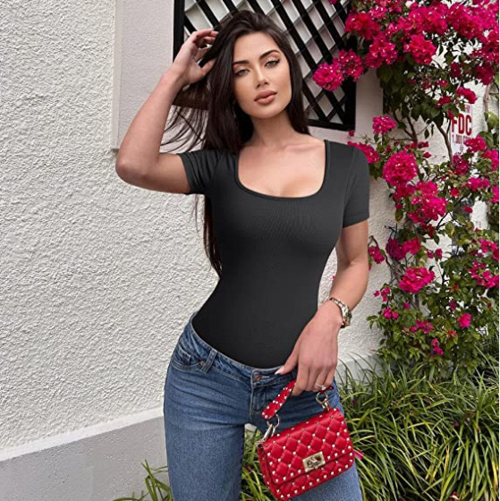 Ribbed Square Neck Short Sleeve Bodysuit