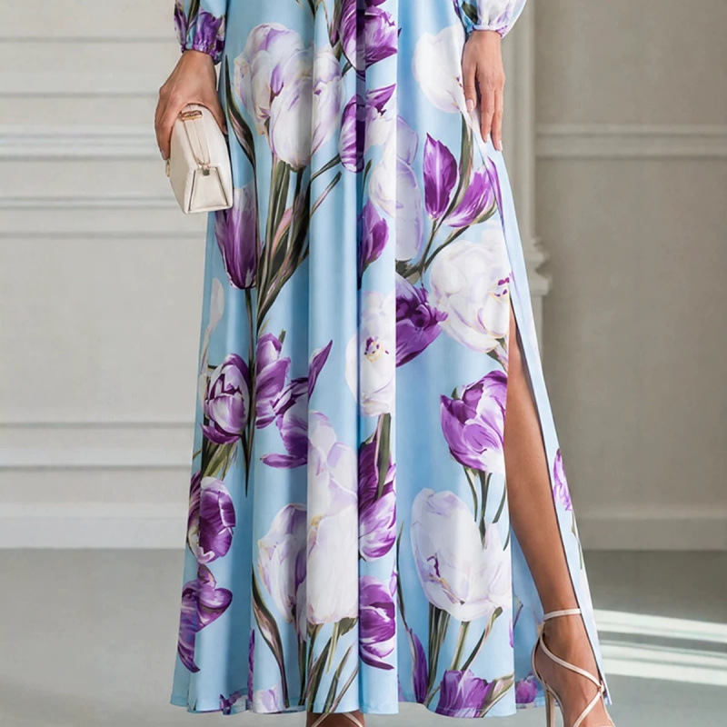 Elegant Floral Print Long Sleeve Bodycon Maxi Dress