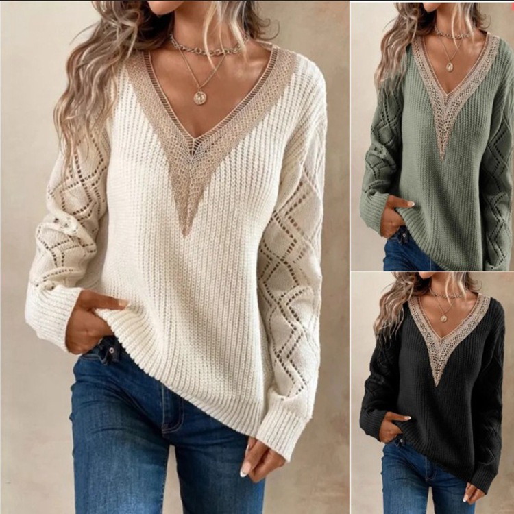 V-Neck Loose Knit Sweater for Women Casual Pullover