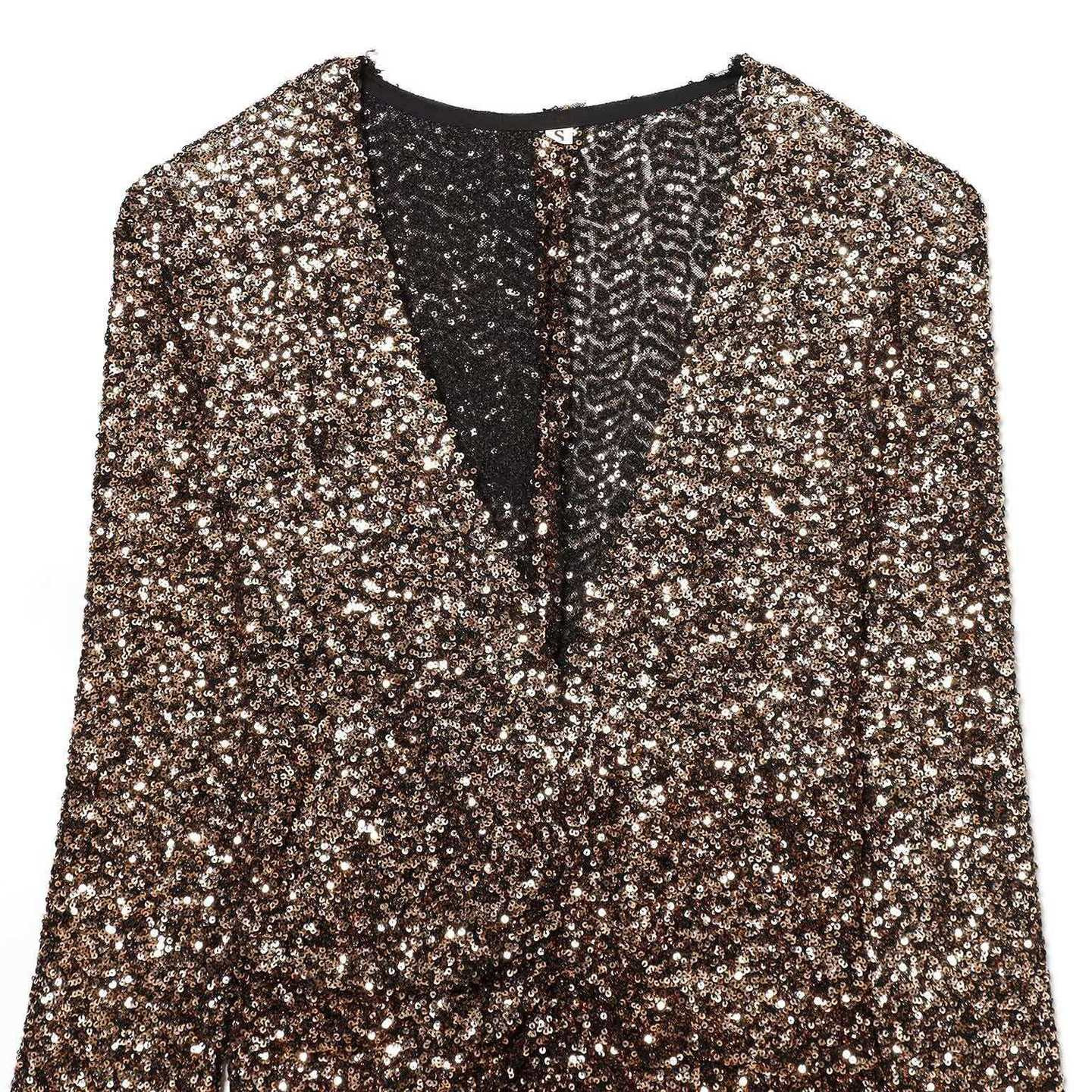 Women's Gold Sequin Deep V-Neck Long Sleeve Bodycon Dress