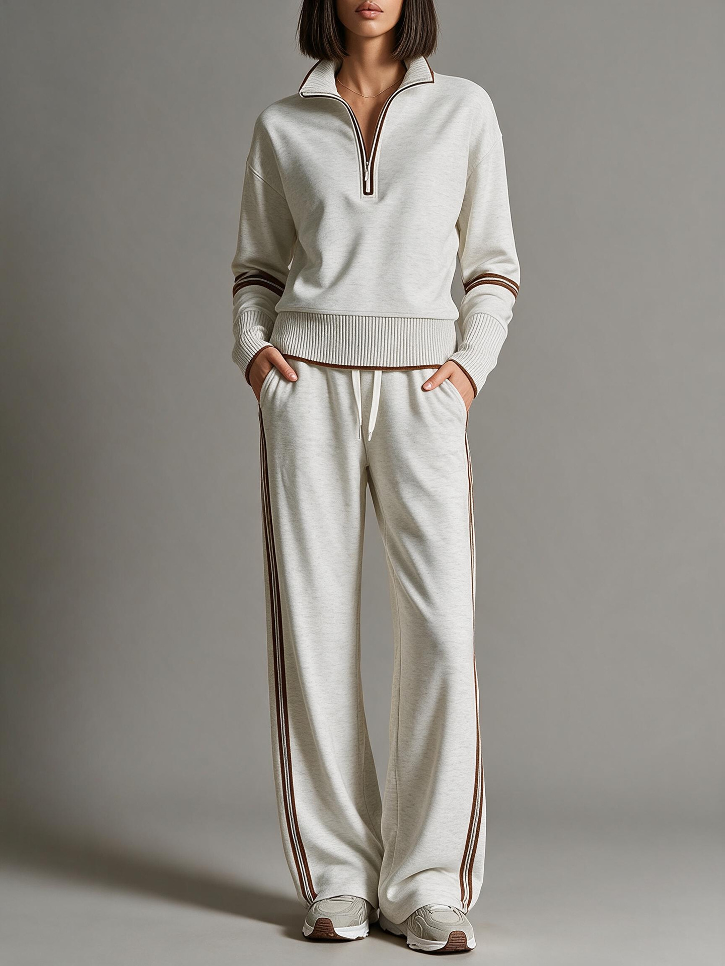 Colorblock Stand Collar Hoodie & Wide-Leg Pants Two-Piece Set