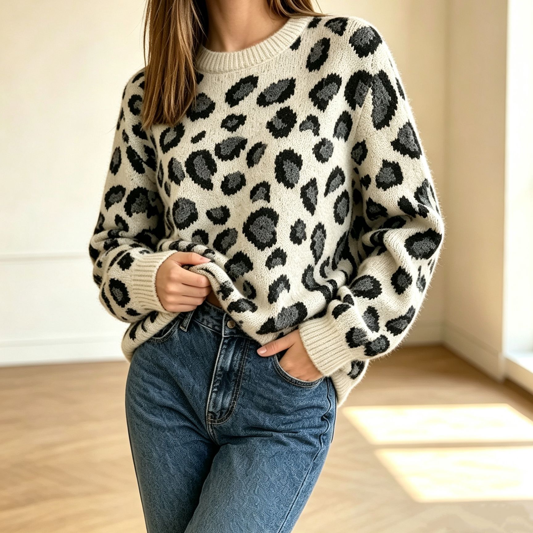 Leopard Print Crewneck Pullover Sweater Women's Colorblock Knit Top