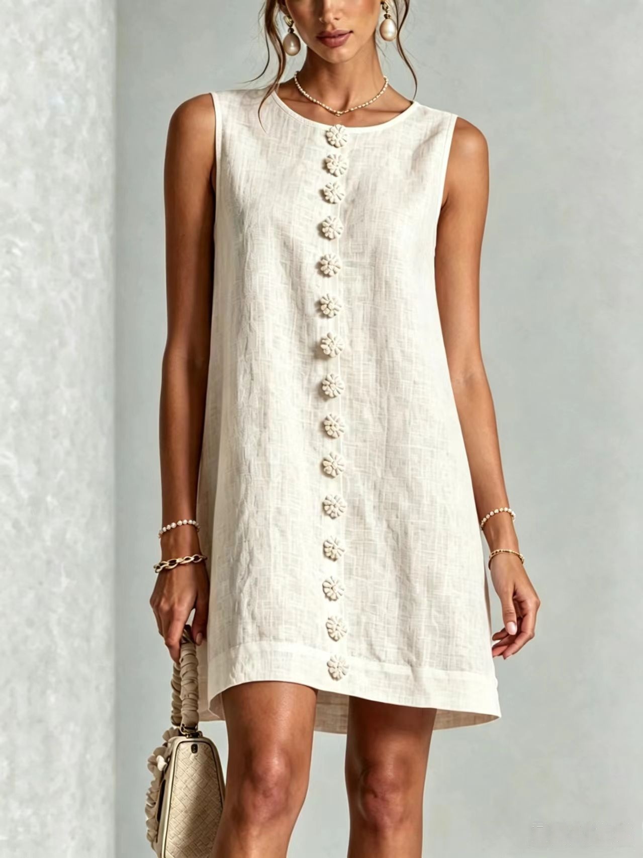 Sleeveless Round Neck Shell Button Front Slit Fitted Dress