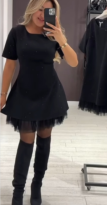 Rhinestone Hem Mesh Ruched Solid Color Commuter Dress