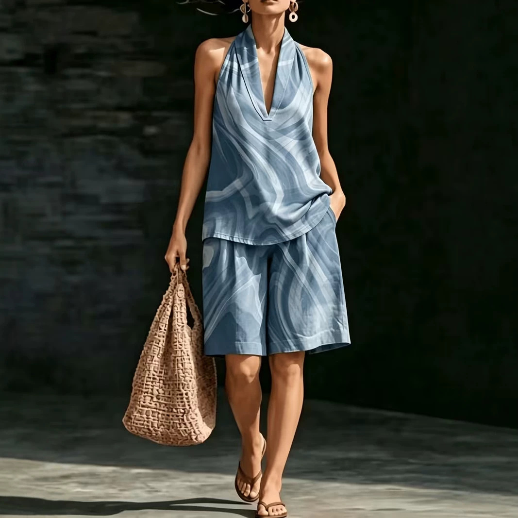 Retro Floral Print Sleeveless Halter Vest Set for Women