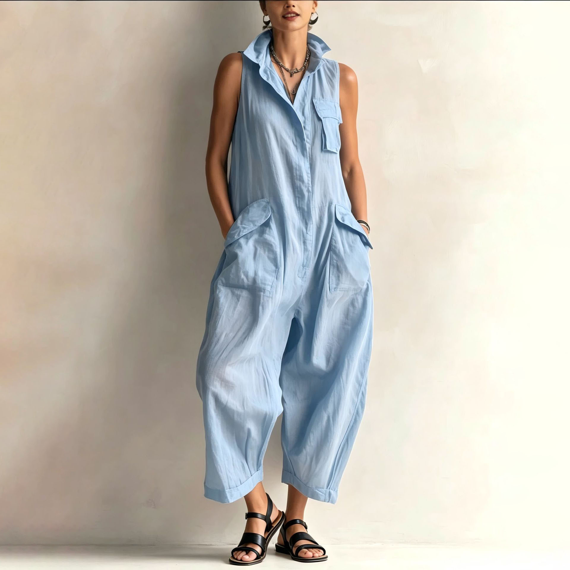 Women's Casual V-Neck Jumpsuit Solid Color Minimalist
