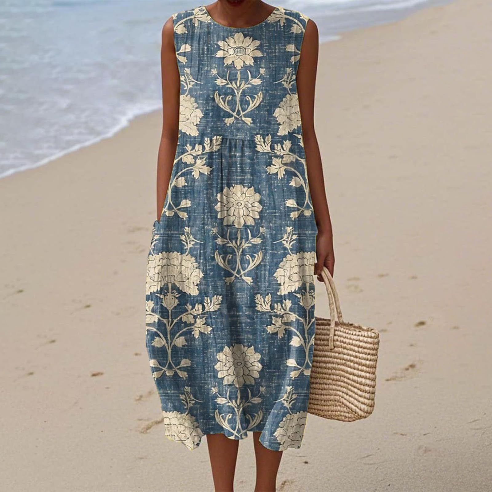 Women's Vintage Floral Print Midi Dress Sleeveless Round Neck Slim Fit