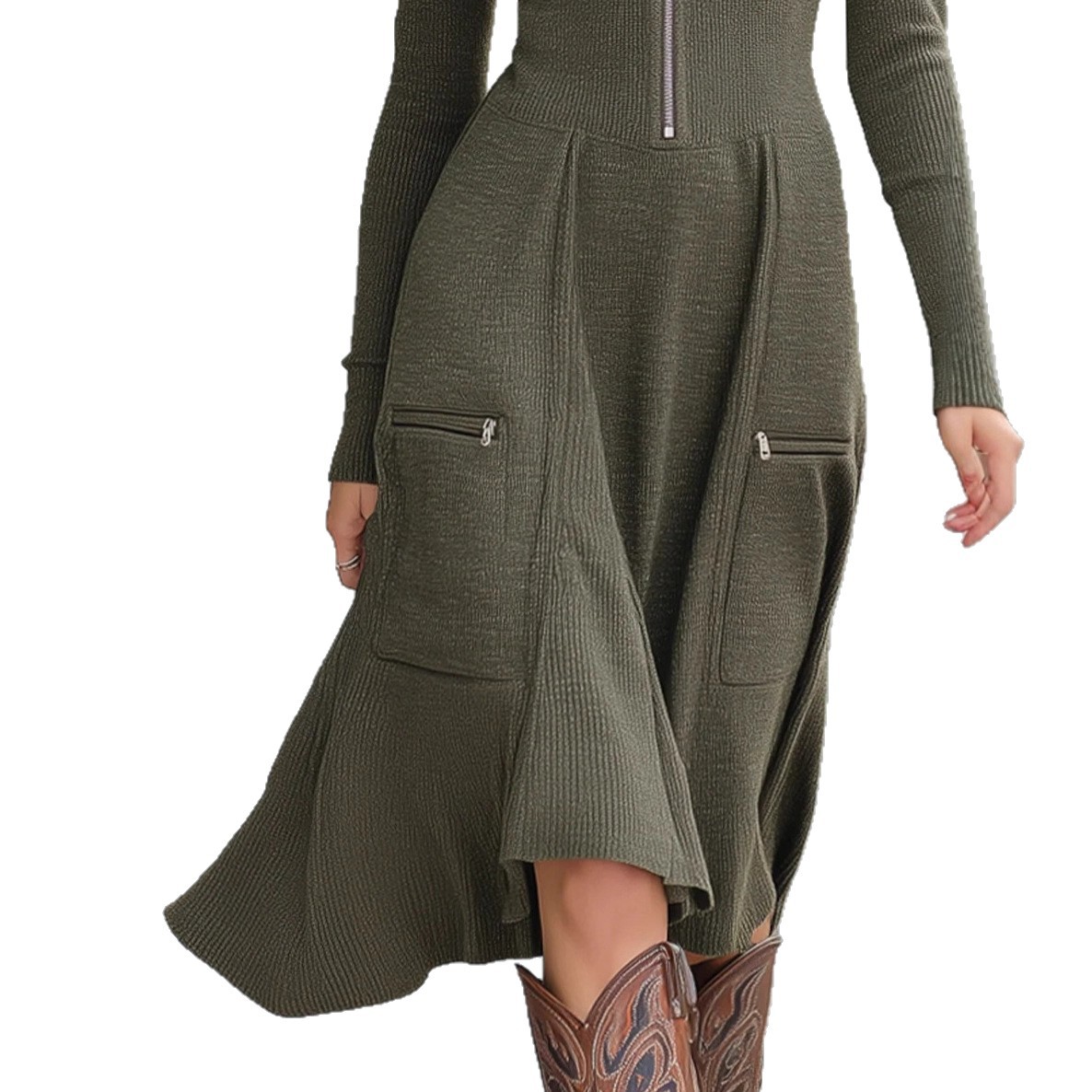 Solid Color Long Sleeve Zip Pocket Waist-Defining A-Line Maxi Dress