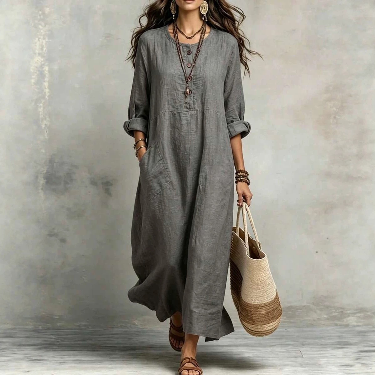 Women's Cotton-Linen Round Neck Long Sleeve Pocket Casual Dress