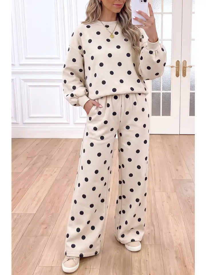 Polka Dot Long Sleeve Top and Wide-Leg Pants Two-Piece Set