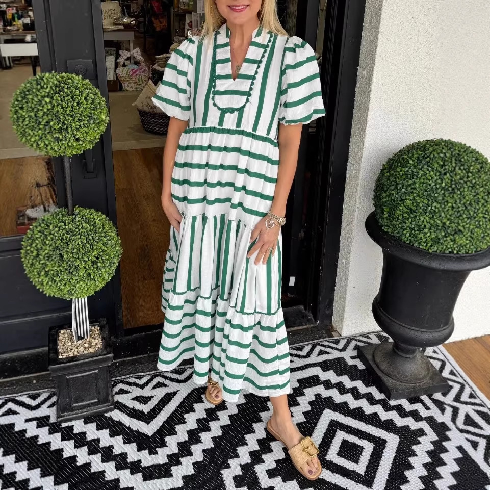 Striped Long Dress with V-Neck and Lantern Sleeves