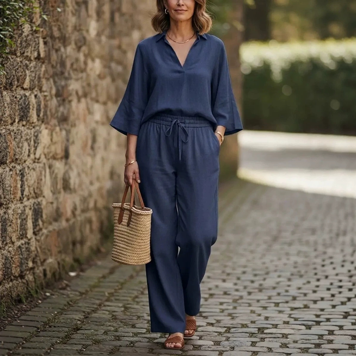 Women's Casual Shirt and Pants Set Solid Color Cotton Blend