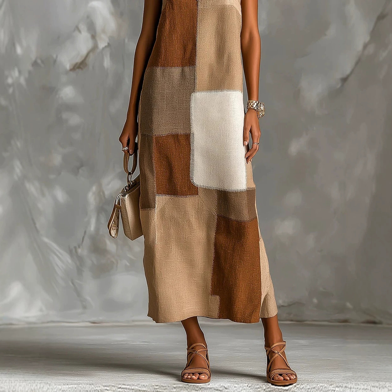 Retro Earth-Tone Color-Block Textured Sleeveless Midi Dress with Slit