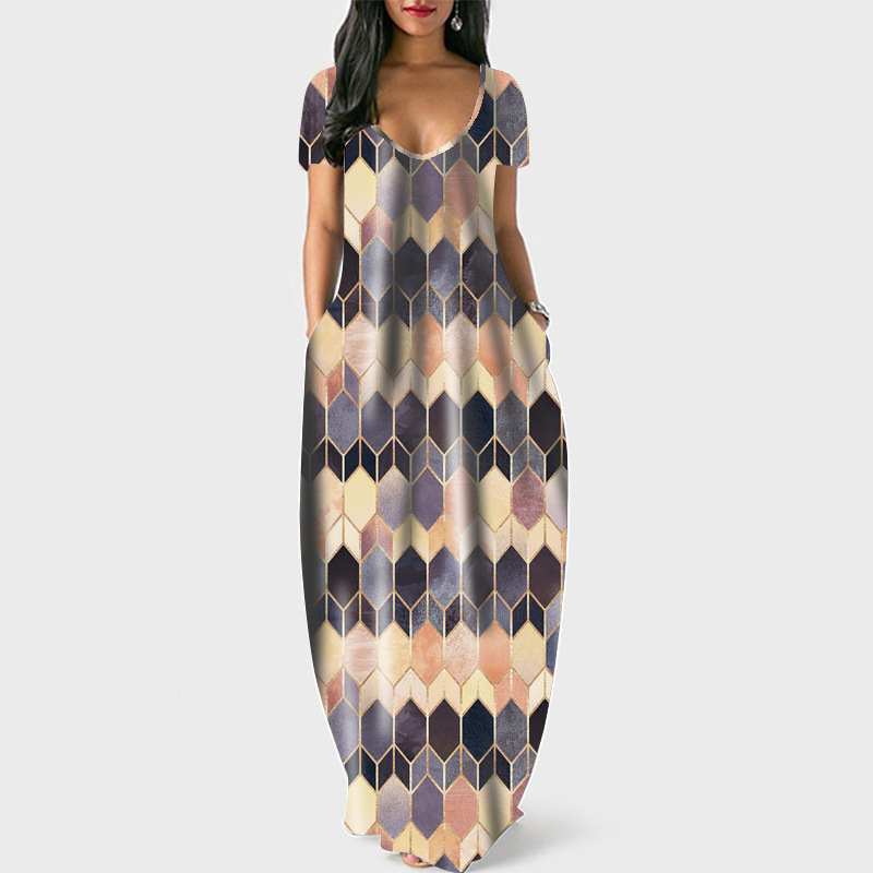 Women's Round Neck Short Sleeve Pocket Geometric Print A-Line Midi Dress