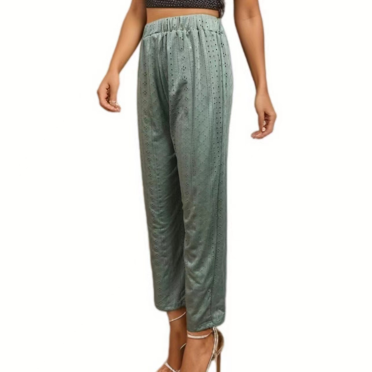 Women's Casual Solid Color Hollow Out High Waist Straight Leg Pants