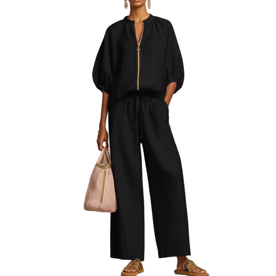 Women's Casual Solid Zip Round Neck Wide-Leg Pants Set
