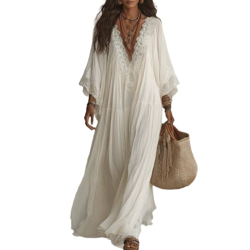 Women's Lace Panel V-Neck Long Dress with Batwing Sleeves for Beach Vacation