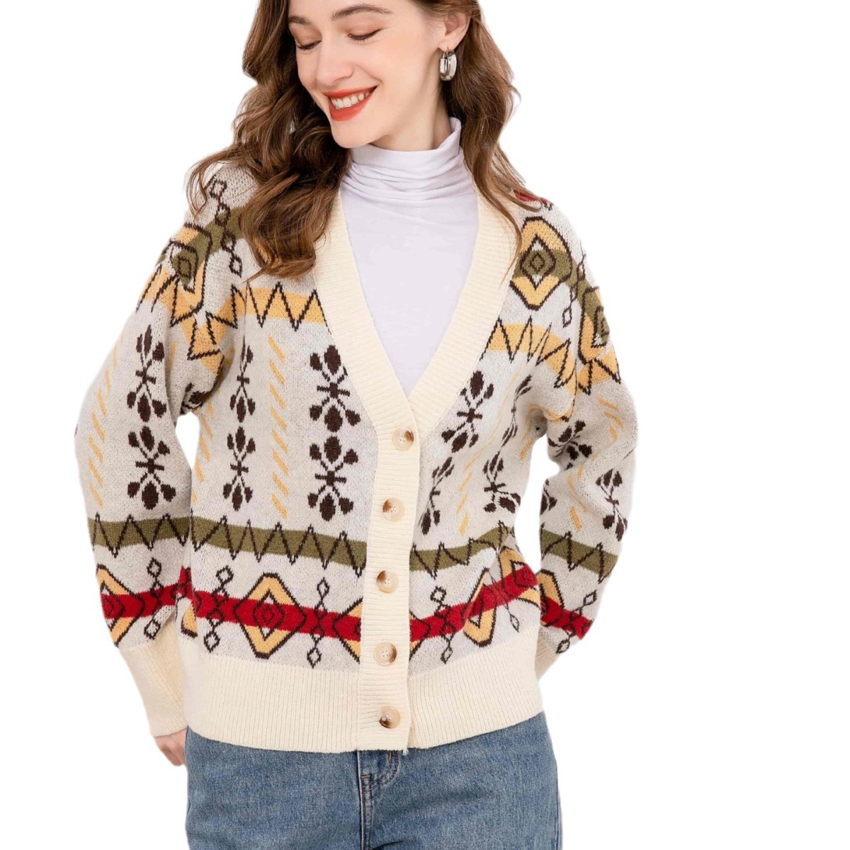 Women's Wool Blend Double-Sided Jacquard Colorblock Cardigan Sweater