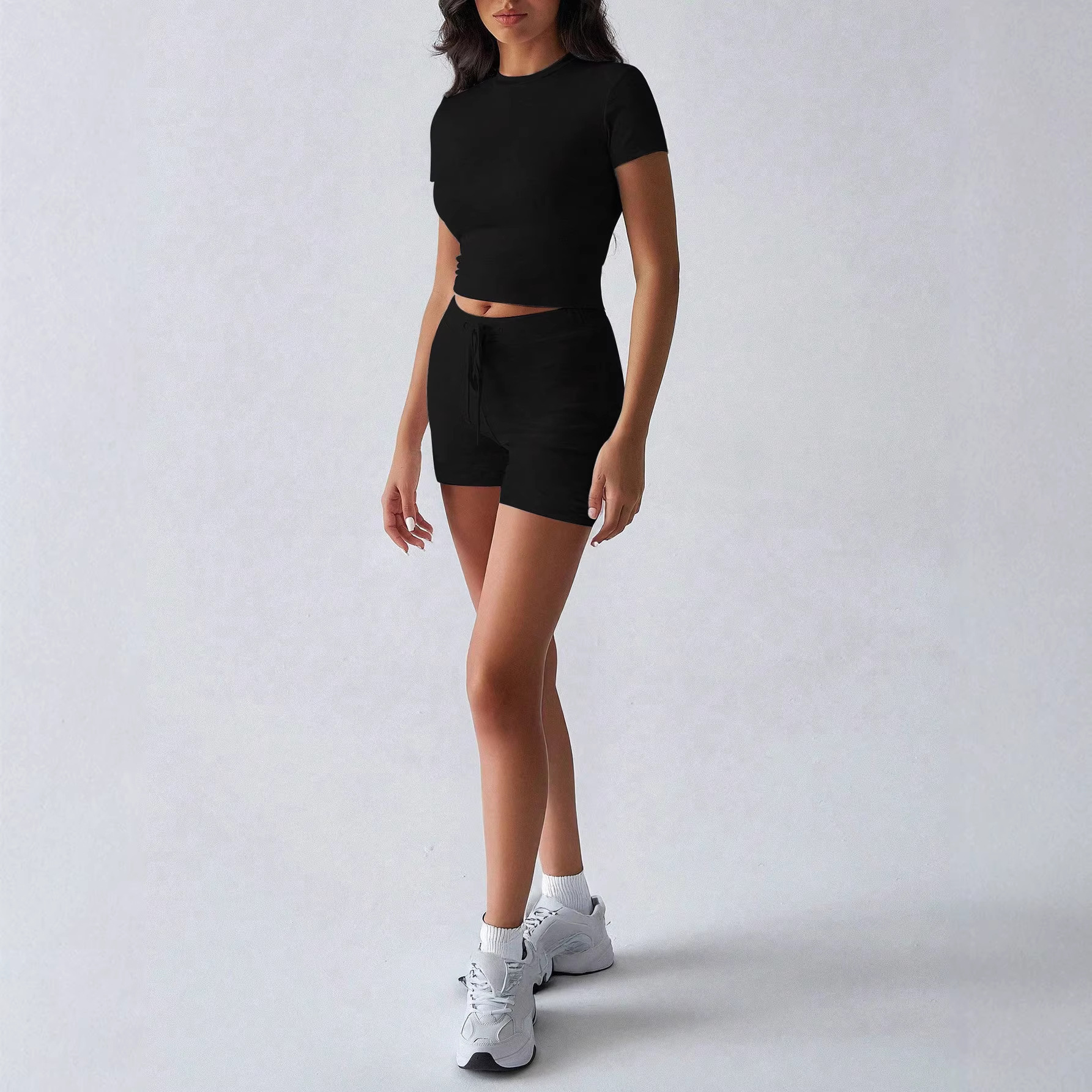 Women's Solid Color Short Sleeve Tie Shorts Yoga Set