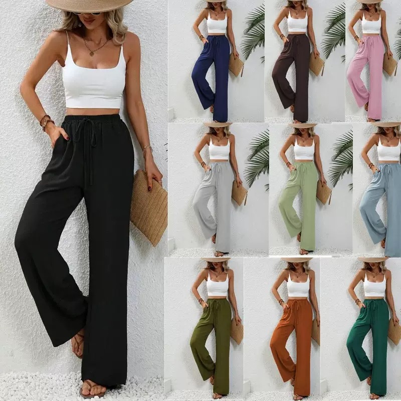 Women's Solid Color Wide-Leg Floor-Length Casual Pants