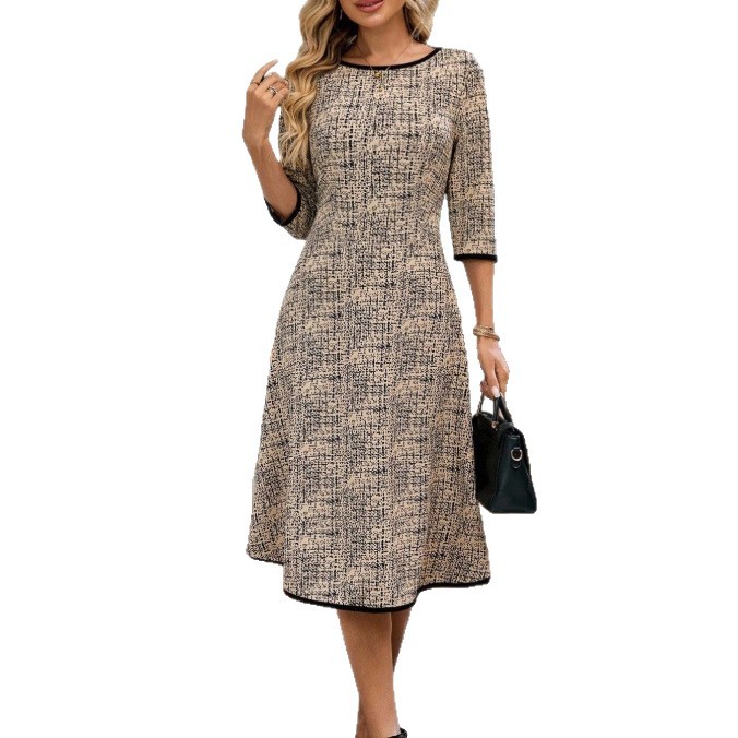 Women's Casual Midi Allover Print Dress Round Neck 3/4 Sleeve Plaid